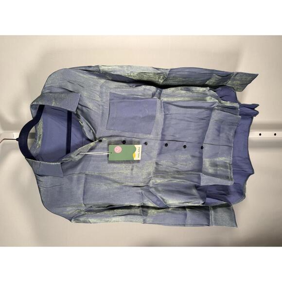 NWT Halara Pocket High Low Curved Hem Shine Oversize Work Shirt Troposphere XS - Picture 2 of 13